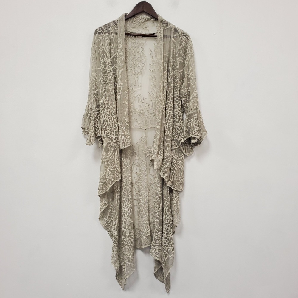 Gretty Zueger Womens Asymmetrical Embroidered Kimono Top Size M Gray Boho Hippie